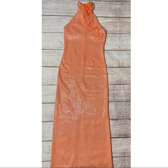St. John Dresses & Skirts - St. John Coral Orange Halter Maxi with Floral Neck Accent